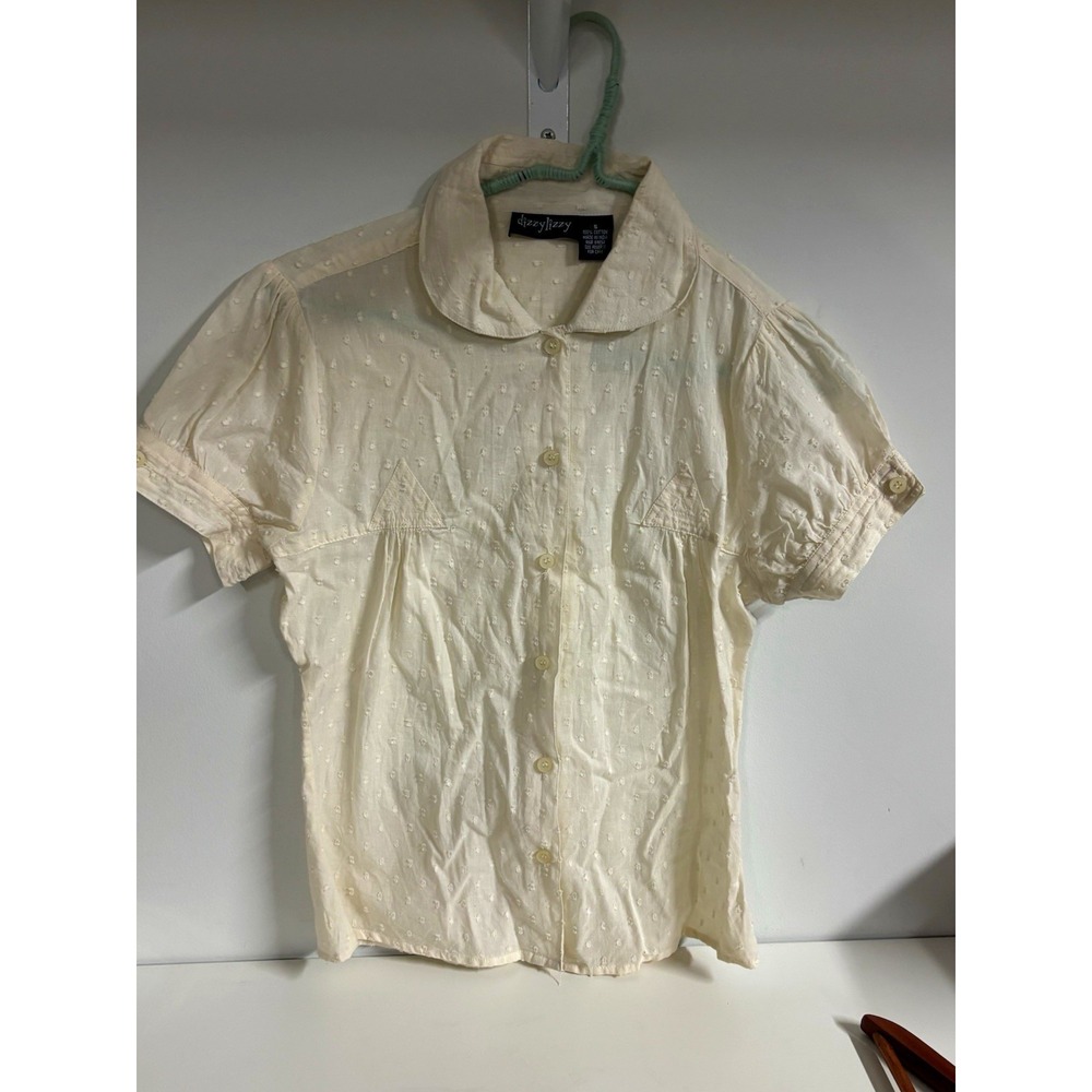 Vintage dizzylizzy Girls Ivory Collared Button-Down Short Sleeve Blouse S